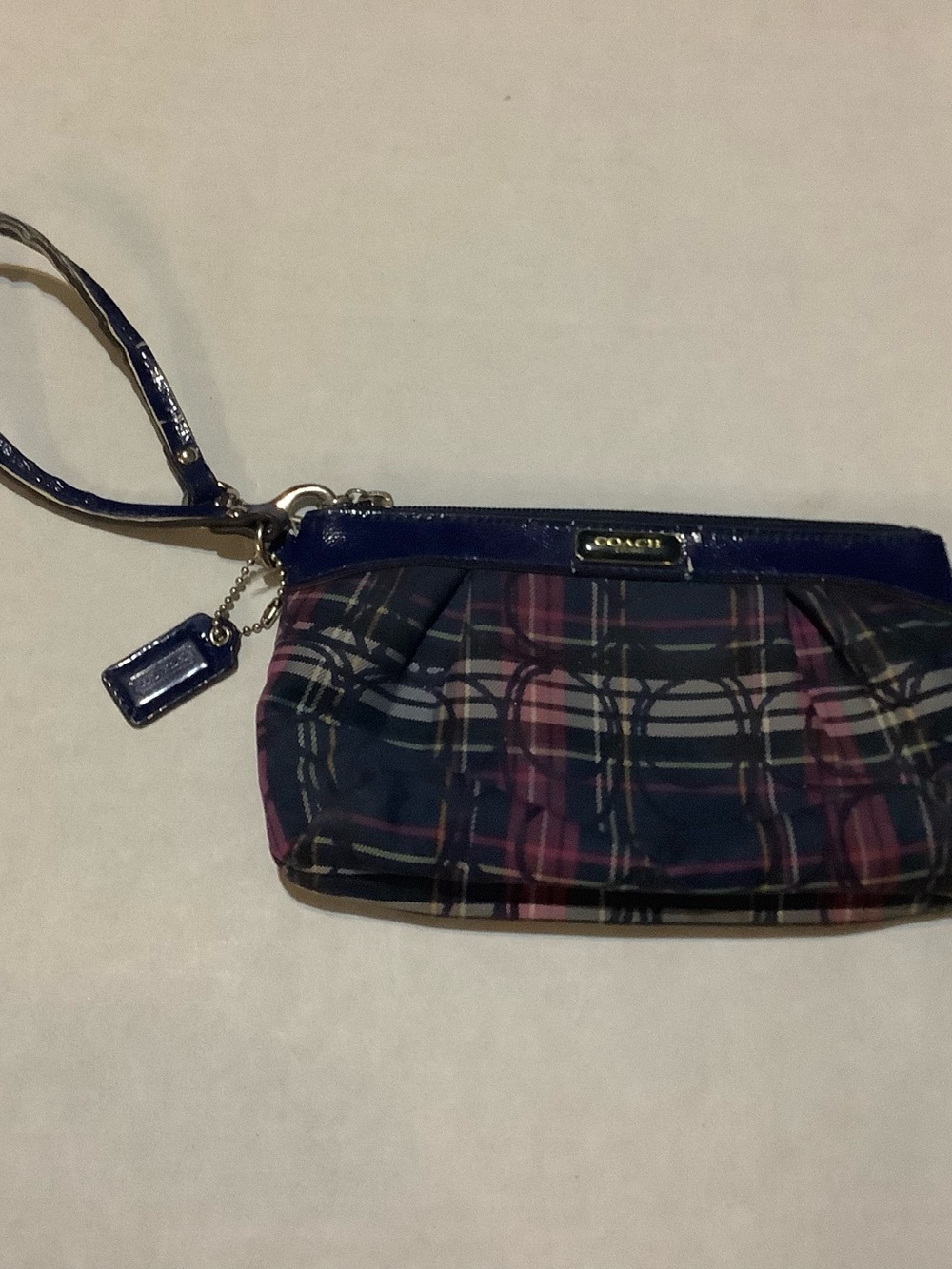 COACH Plaid Wristlet in Navy and Pink with Patent Trim